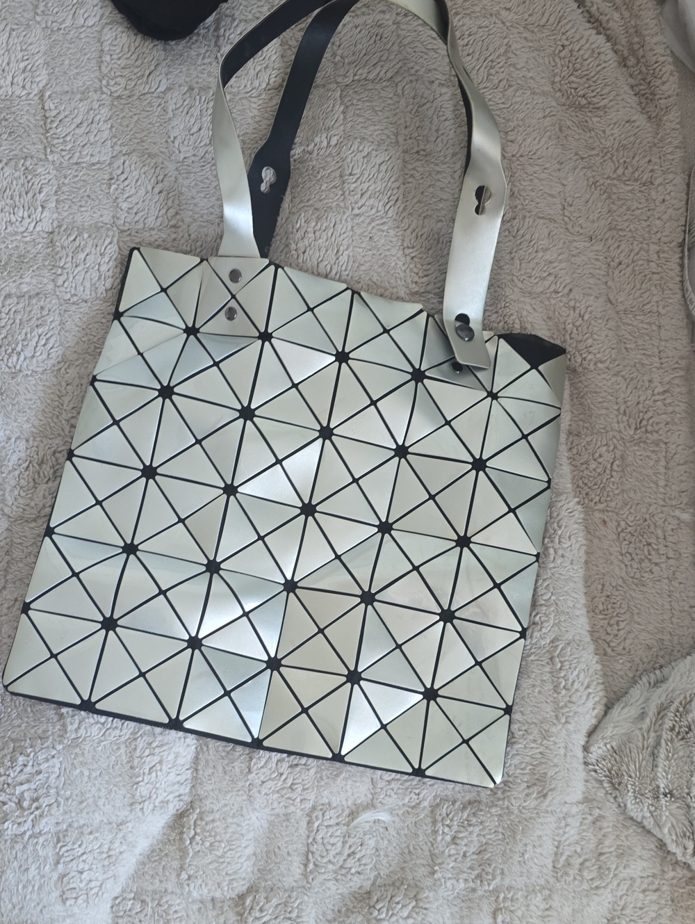 Geometric Silver Tote Bag with Reflective Triangle Panels 14 Inches By 14 Inches